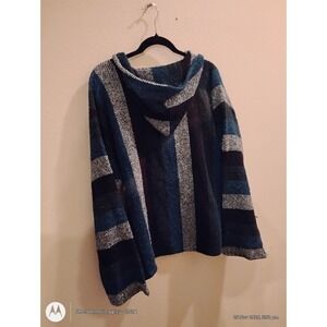 Classic Baja Hoodie Blue Black White Striped Pullover Mexican Blanket